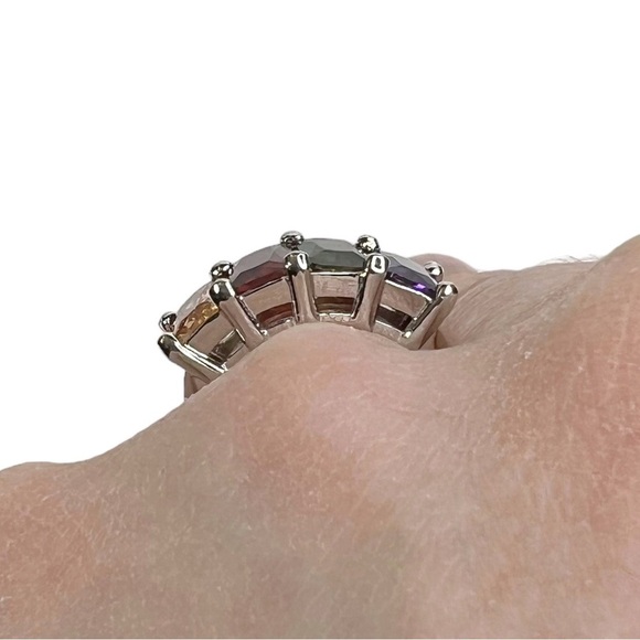 Emerald Cut Glass Stone Multicolored Rainbow Silver Tone Ring - Picture 2 of 9